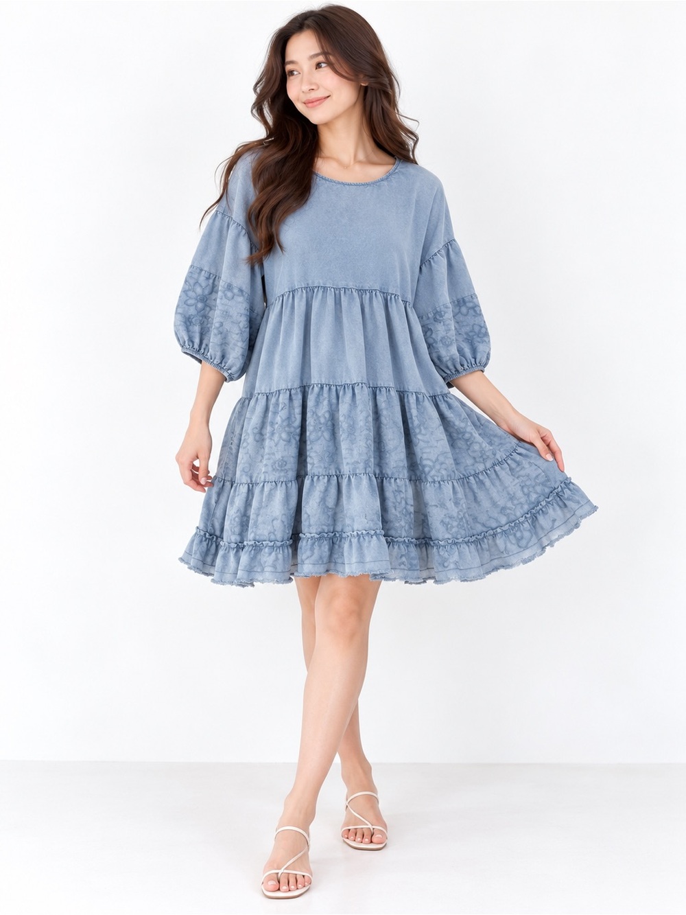 Easel Blue Mineral Washed Tiered Babydoll Dress – 3/4 Sleeve Boho Mini Dress